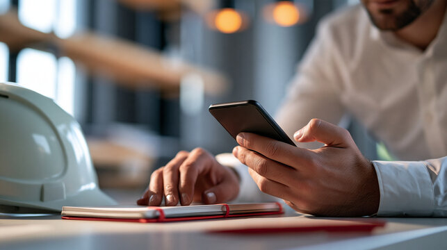 Professional using a smartphone to access short workplace safety training videos, protective helmet and notebook on the desk, mobile workforce education, microlearning,