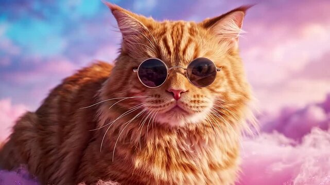 Grumpy fluffy orange cat wearing round sunglasses sitting on a pink cloud in a pastel dreamy sky, funny surreal pet animation