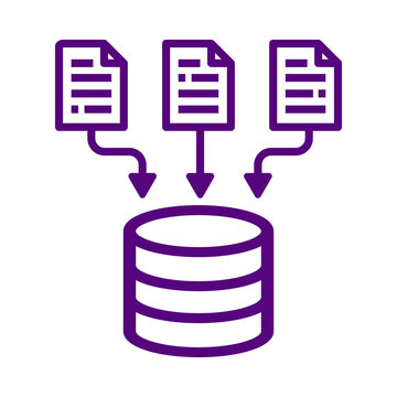 Purple line icon of data migration from multiple text document files into a central database storage system transparent background