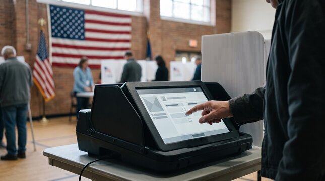Touchscreen Ballot Terminal Machine Interface in US Election Precinct Room with Copy Space