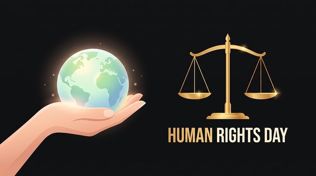 A conceptual illustration for human rights day featuring a hand holding the planet earth and golden scales of justice
