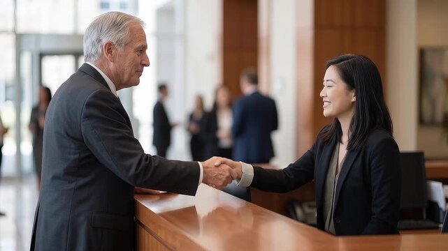 An older businessman in a suit shakes hands with a younger Asian businesswoman over a polished wooden reception desk, signifying a professional greeting or agreement in a modern