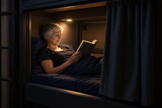 Older woman reading an open book beneath a warm bunk lamp behind a partly drawn curtain, a quiet evening in compact guest accommodation