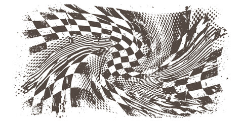 Fototapeta na wymiar Distorted racing checkered flag with grunge texture and abstract halftone wave effects background vector illustration.