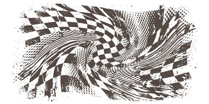 Distorted racing checkered flag with grunge texture and abstract halftone wave effects background vector illustration.