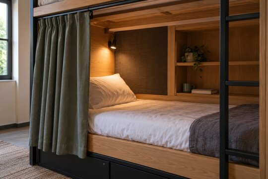 Private hostel bunk with a partly drawn curtain and recessed reading niche, showing a compact sleeping space with warm light and timber walls