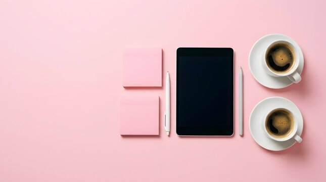 Digital tablet and coffee cups flat lay on pink background with stationery