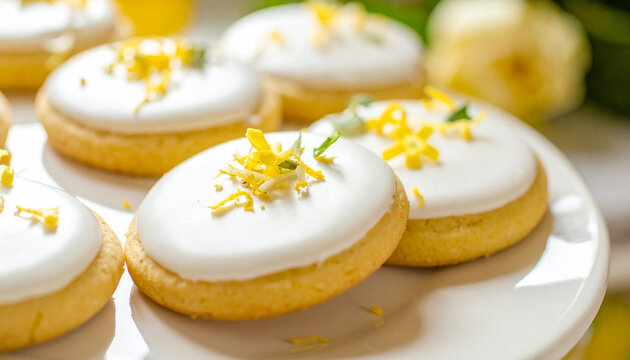 Freshly baked lemon sugar cookies with white icing, tiny yellow edible blossoms, fine lemon zest and green leaves, sunny spring atmosphere. Tasty dessert, sweet food. Close-up.