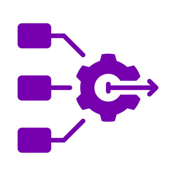 Purple gear icon with input nodes and output arrow representing workflow automation and data processing transparent background