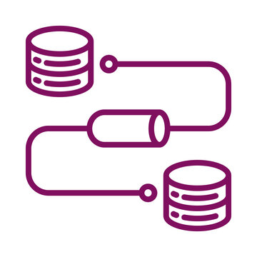 Purple line art icon representing data migration or database synchronization process transparent background