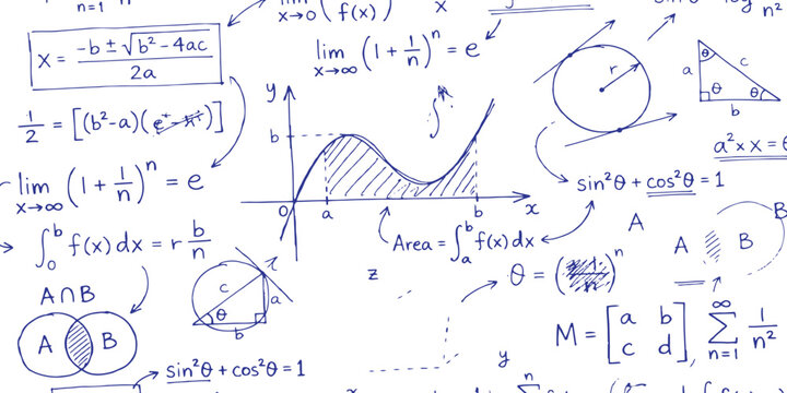 Hand drawn blue mathematical equations formulas and calculus graphs education doodle background vector illustration.