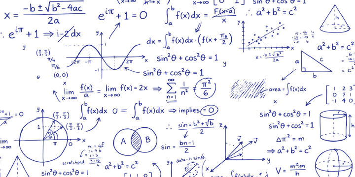 Complex mathematical formulas equations and geometry graphs hand drawn sketch on white board vector illustration background.
