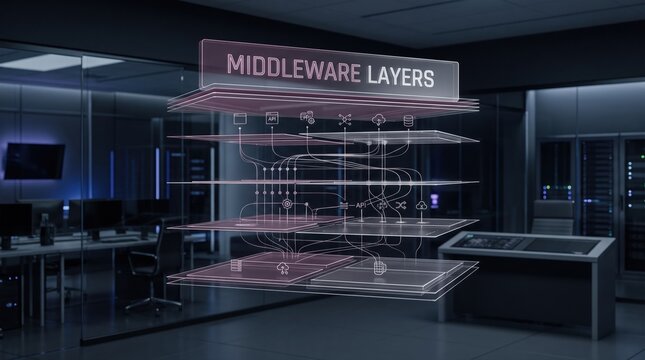 Conceptual visualization of middleware layers and data processing architecture within a modern, high-tech server room, illustrating complex digital infrastructure and system integration