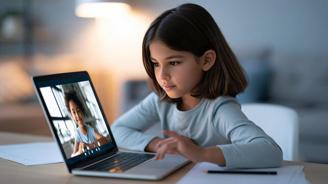 AI-powered virtual tutor represented by a friendly generic digital avatar on a laptop screen while a student interacts with lesson content, modern home study space, personalized