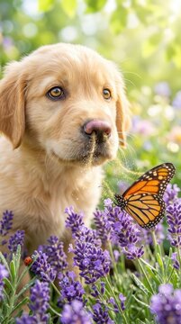 Golden retriever puppy demonstrating canine sense of smell, sniffing floral aroma from purple lavender flower, visualizing acute olfaction, sensitive dog nose odor detection, scent recognition.