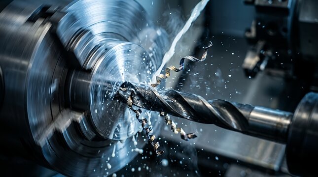 Precision metal drilling, industrial lathe machine operation, manufacturing process, coolants and metal shavings, engineering and fabrication