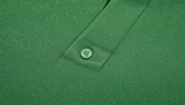 A close-up of a button on a green shirt