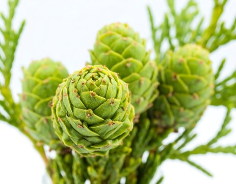 Close up view of fresh green pinecones on a white background