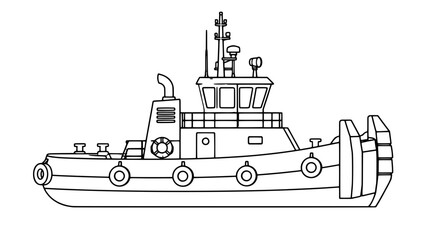 Harbor assistance tugboat equipped with tall bow push knees, side rubber tire fenders, and top navigation bridge, drawn in clean black outline styling as a maritime vessel vector icon © Jeryn