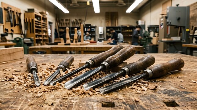 A row of woodworking chisels resting on a workbench covered in shavings