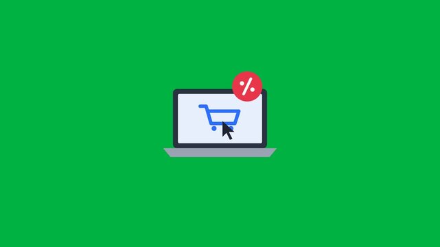 Online shopping laptop on green screen as a cursor clicks the cart and a sale tag pops