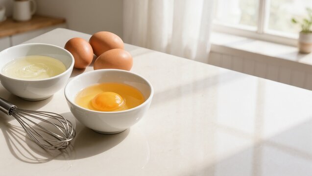 Raw eggs in ceramic bowls with metal whisk on a sunlit kitchen countertop, featuring bright yolks, soft shadows, and neutral home interior
