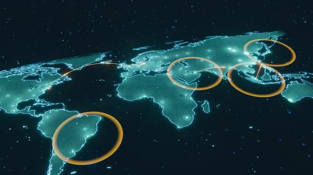 Animating holo map reacting to neon outline appearing in space, linking hubs orange rings gold arcs