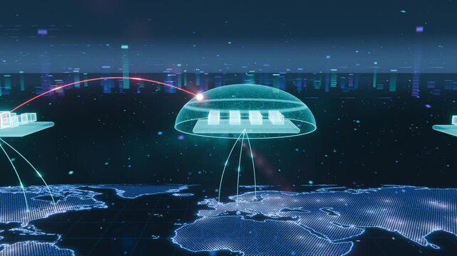 Receiving red arc, central server cluster stabilizing dome over holographic world map
