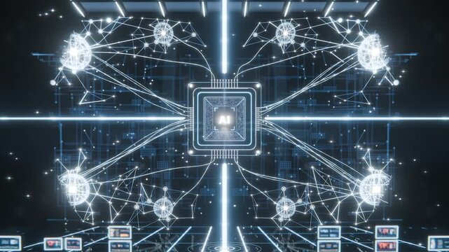Vertical beam appearing revealing AI microchip, expanding network in dark data plane forming hub