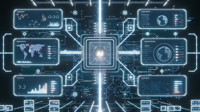 Descending beam powering AI chip to populate HUD, forming frames and linking grid in virtual hub