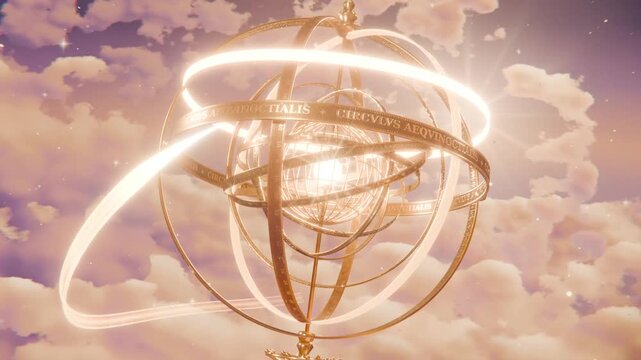 Condensing sun initiating golden armillary forming among pastel clouds, engraved band spiraling