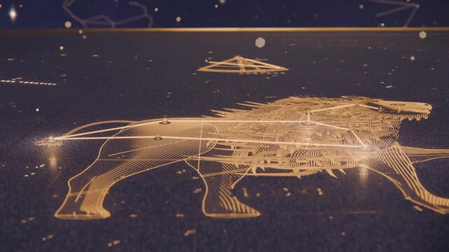 Appearing golden beam tracing hologram grid, forming wireframe canine map with floating triangle