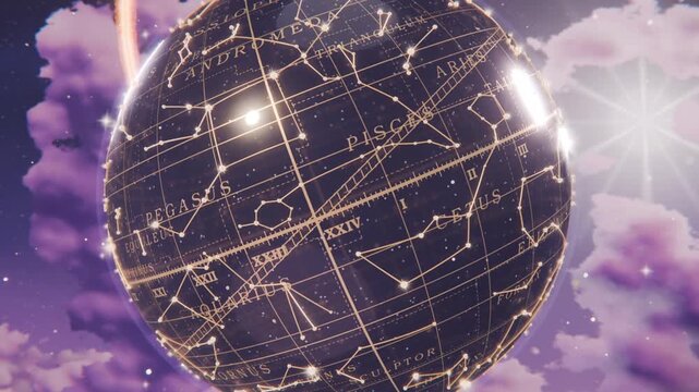 Pulling back camera revealing celestial globe rotating in purple clouds, showing star labels