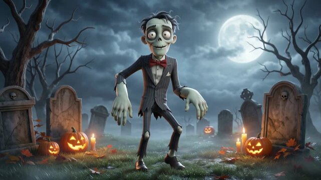 3D cartoon zombie performing a dance and waving goodbye in a spooky cemetery on Halloween night in a seamless loop animation