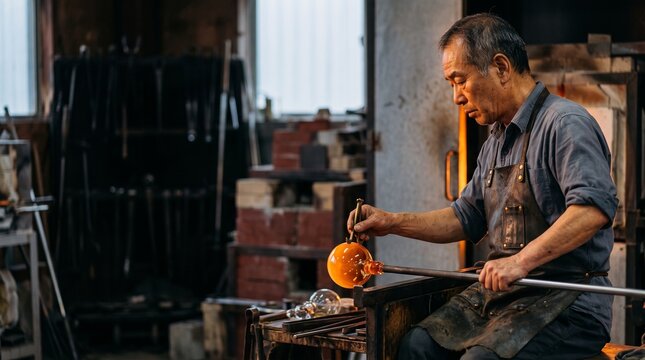 Senior Asian male glassblower shaping a glowing orange molten glass sphere on a blowpipe using metal calipers in a traditional rustic workshop