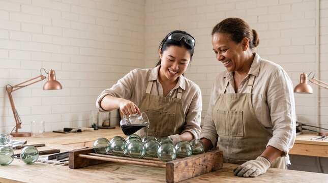 Two smiling diverse female artisans in aprons working together in a bright workshop, pouring dark liquid into handcrafted glass spheres on a wooden rack