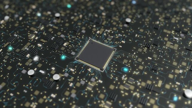 Embedded Processor with Gold Contacts and Blue Signal Routes on a PCB