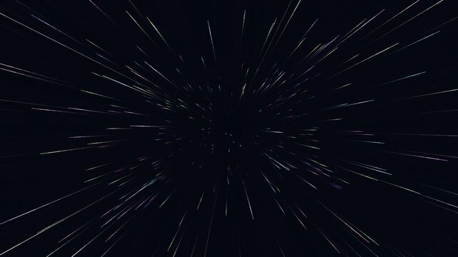 Hyperspace warp speed travel through colorful glowing light streaks and star trails across deep dark space cosmic dimensions during futuristic interstellar navigation