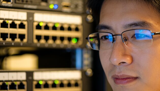 Focused Asian IT engineer with glasses inspecting network switches and server hardware in data center for system maintenance and cybersecurity
