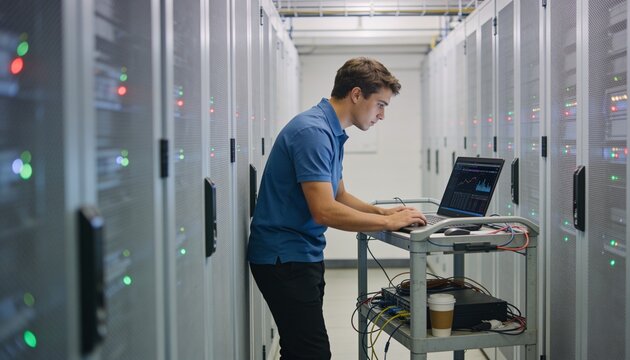 Young male IT technician using laptop on utility cart to monitor network performance and configure servers in modern corporate data center