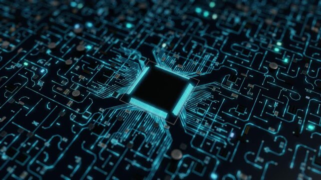 Black Integrated Circuit with Glowing Cyan Pins and Signal Traces