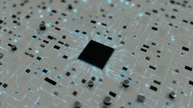 Black Microprocessor on a White PCB with Illuminated Blue Circuit Traces
