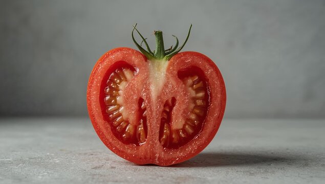 Fresh tomato cut in half on a table, suitable for food photography or still life compositions