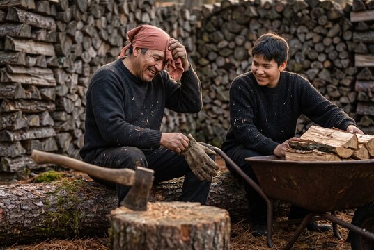 Smiling Indigenous father and teenage son resting on a log after chopping firewood together outdoors