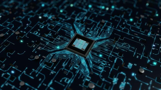 Advanced AI Processor with Neon Blue Circuits on a Dark Motherboard
