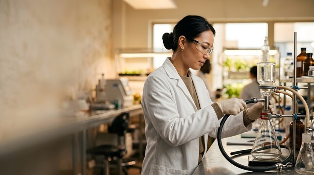 Female scientist using laboratory glass equipment in a research facility