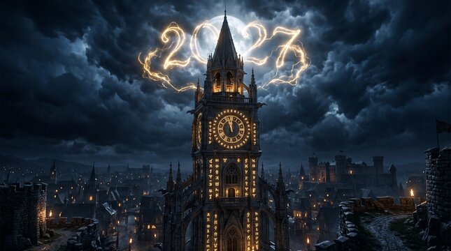Gothic clock tower with glowing runes and the year 2027 in the night sky with illuminated lightning against dark medieval clock architecture atmospheric celebration historical fantasy