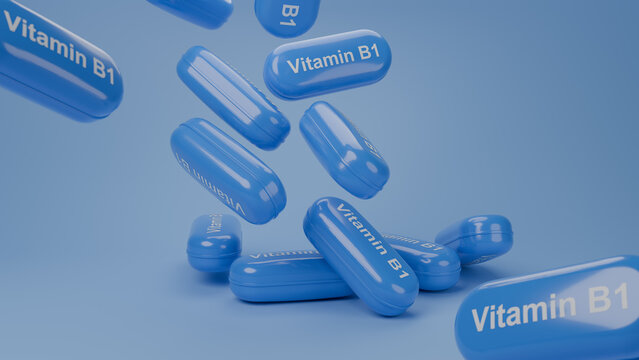 3D render of multiple blue glossy Vitamin B1 supplement capsules falling on blue background