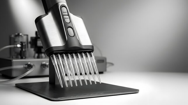 Multi channel pipette on a stand in a sterile medical research laboratory