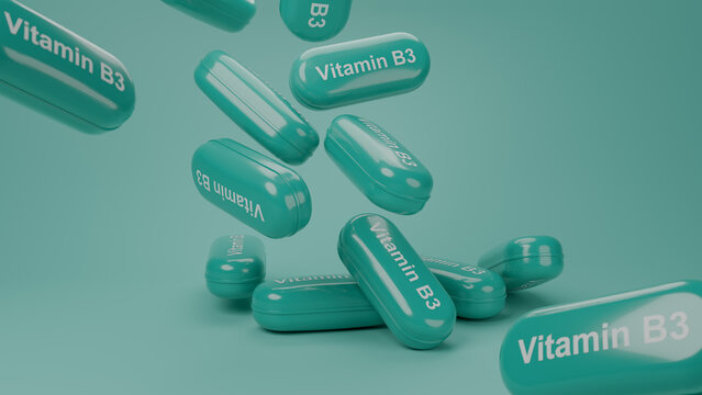 3D render of multiple teal glossy Vitamin B3 supplement capsules falling on teal background